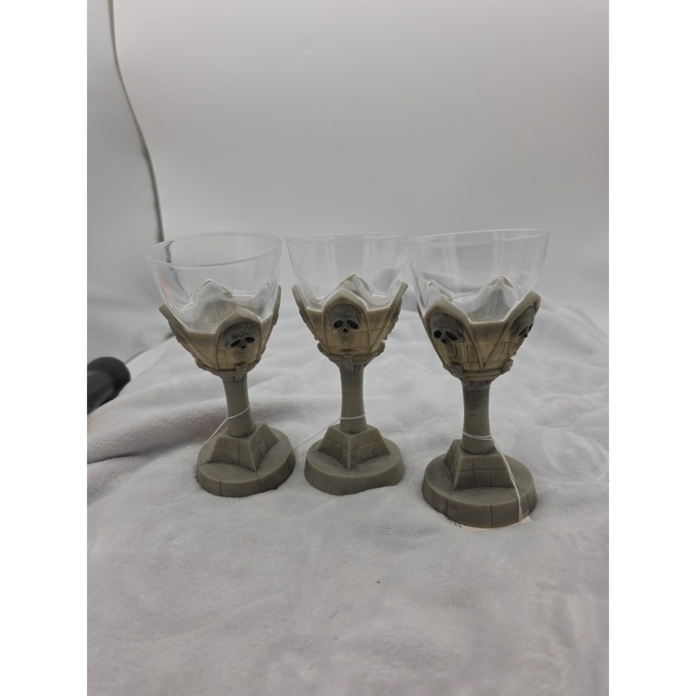 3 Scary Skeleton Plastic Halloween Goblets, Stem Glasses